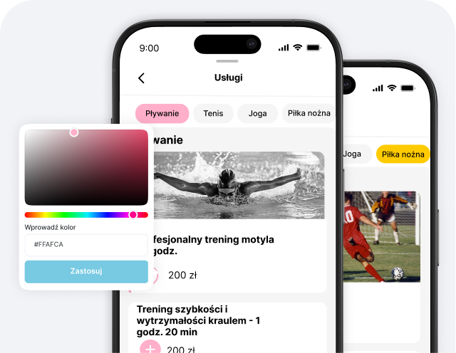 Ekran aplikacji mobilnej z napisem 'Usługi', na którym widoczne są zakładki dotyczące dyscyplin sportowych (pływanie, tenis, joga, piłka nożna) oraz lista opcji treningowych wraz z cenami, a także pływający panel wyboru kolorów.