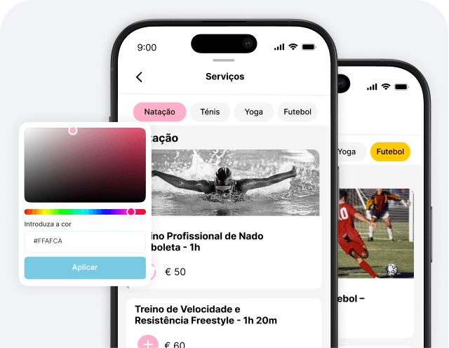 Tela de um aplicativo móvel intitulada 'Serviços', exibindo abas de esportes (Natação, Tênis, Yoga, Futebol) e uma lista de opções de treino com preços, além de um painel flutuante para seleção de cores.