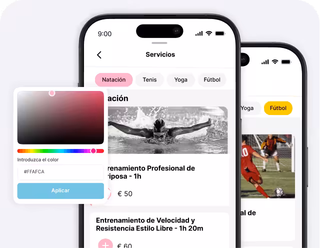 Pantalla de una aplicación móvil titulada 'Servicios' en la que se muestran pestañas de deportes (natación, tenis, yoga, fútbol) y una lista de opciones de entrenamiento con sus precios, además de un panel flotante para seleccionar colores.