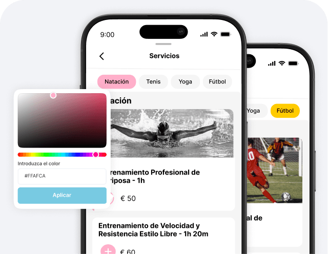 Pantalla de una aplicación móvil titulada 'Servicios' en la que se muestran pestañas de deportes (natación, tenis, yoga, fútbol) y una lista de opciones de entrenamiento con sus precios, además de un panel flotante para seleccionar colores.