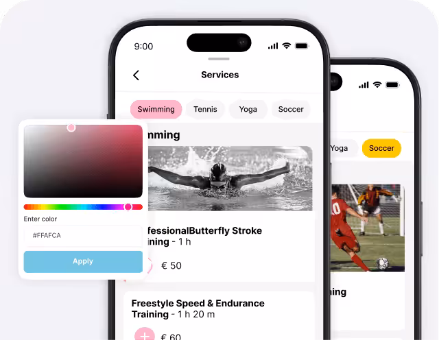 Mobile app screen labeled 'Services' showing sport tabs (Swimming, Tennis, Yoga, Soccer) and a list of training options with prices, plus a floating color picker panel.