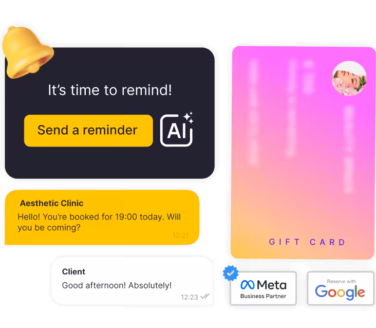Dark rounded card with 'It's time to remind!' and yellow 'Send a reminder' button, plus an AI icon; a pink-orange gift card on the right; chat/message bubbles below.