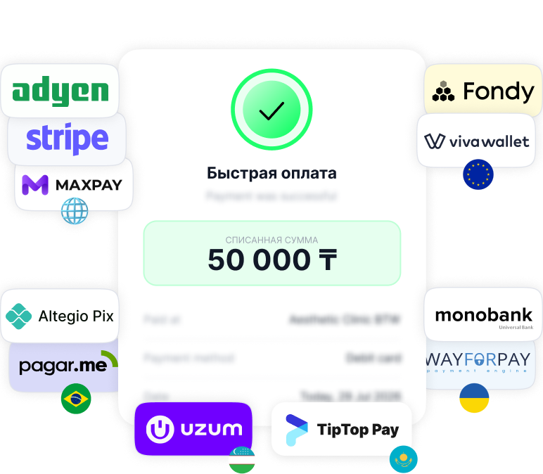 Центральный интерфейс пользователя, на котором отображается экран 'Быстрая оплата' с указанной суммой в 500 евро, окруженный логотипами платежных систем (Adyen, Stripe, MAXPAY, Altegio Pix, pagar.me, Fondy, Viva Wallet, WayForPay, Monobank, Uzum, TipTop Pay и другими значками), обозначающими доступные способы оплаты.