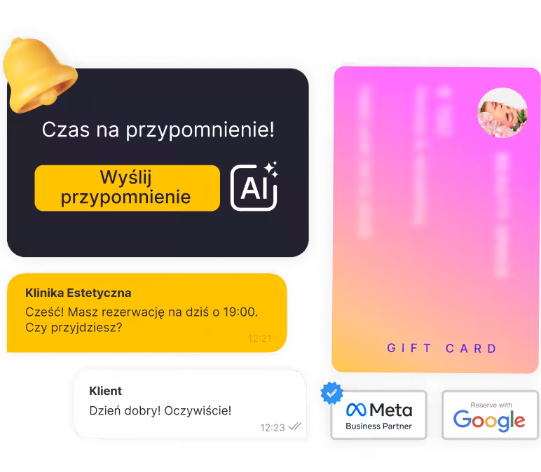 Ciemna, zaokrąglona kartka z napisem 'Czas przypomnieć!' oraz żółtym przyciskiem 'Wyślij przypomnienie' i ikoną AI; po prawej stronie różowo-pomarańczowa kartka z życzeniami; poniżej dymki czatu/wiadomości.