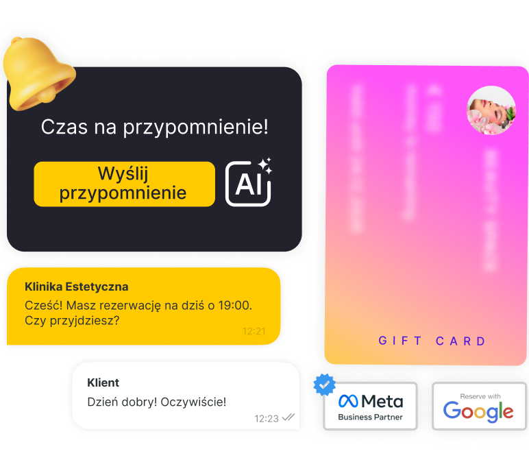 Ciemna, zaokrąglona kartka z napisem 'Czas przypomnieć!' oraz żółtym przyciskiem 'Wyślij przypomnienie' i ikoną AI; po prawej stronie różowo-pomarańczowa kartka z życzeniami; poniżej dymki czatu/wiadomości.