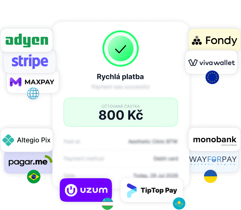 Uživatelské rozhraní v prostřední části obrazovky zobrazuje obrazovku 'Rychlá platba' s částkou 500 €, obklopenou logy poskytovatelů platebních služeb (Adyen, Stripe, MAXPAY, Altegio Pix, pagar.me, Fondy, Viva Wallet, WayForPay, Monobank, Uzum, TipTop Pay a dalšími ikonami), které označují dostupné způsoby platby.