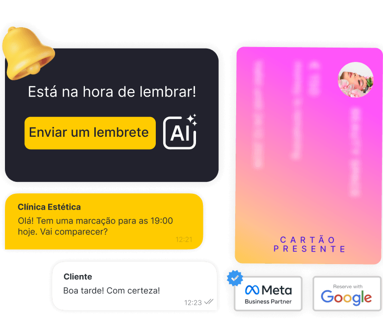 Cartão escuro e arredondado com a frase 'É hora de lembrar!' e um botão amarelo 'Enviar um lembrete', além de um ícone de IA; um cartão-presente rosa-laranja à direita; balões de bate-papo/mensagens abaixo.