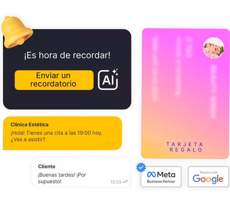 Tarjeta oscura de formas redondeadas con el texto '¡Es hora de recordar!' y un botón amarillo que dice 'Enviar un recordatorio', además de un icono de IA; una tarjeta de regalo de color rosa anaranjado a la derecha; y burbujas de chat o mensajes debajo.