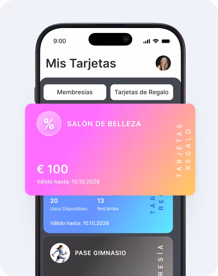 Pantalla de un smartphone en la que se ve una aplicación de monedero digital con dos pestañas tituladas «Mis tarjetas»: «Suscripciones» y «Tarjetas regalo», y una tarjeta regalo con un degradado de rosa a amarillo en la que se lee «Salón de belleza» por valor de 100 € | altegio | altegio