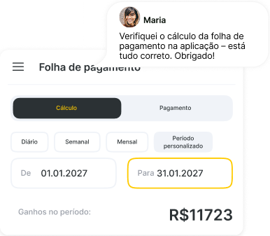 Aplicativo de folha de pagamento: aba “Cálculo” ativa; período de 01/01/2027 a 31/01/2027; rendimentos de € 4.500; balão de bate-papo da Maria.