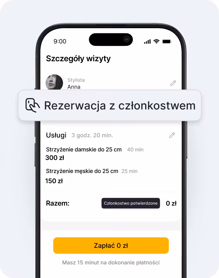 Ekran urządzenia mobilnego wyświetlający szczegóły wizyty z pływającym banerem „Rezerwacja z członkostwem” umieszczonym nad listą usług oraz przyciskiem „Zapłać 0 €” | altegio