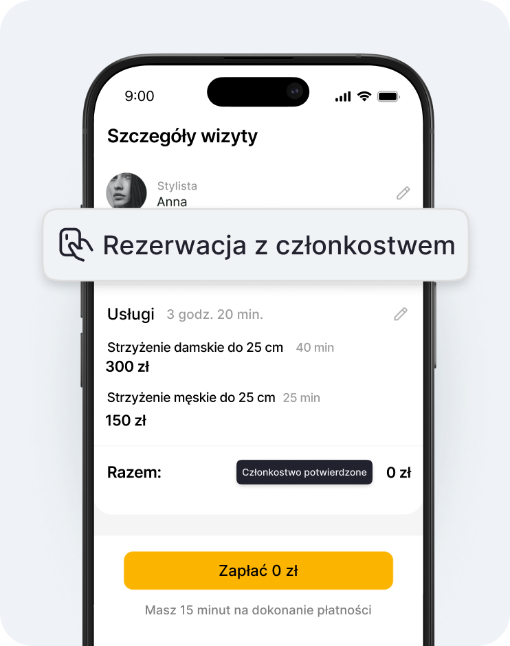 ekran urządzenia mobilnego wyświetlający szczegóły wizyty z pływającym banerem „Rezerwacja z członkostwem” umieszczonym nad listą usług oraz przyciskiem „Zapłać 0 €” | altegio | altegio