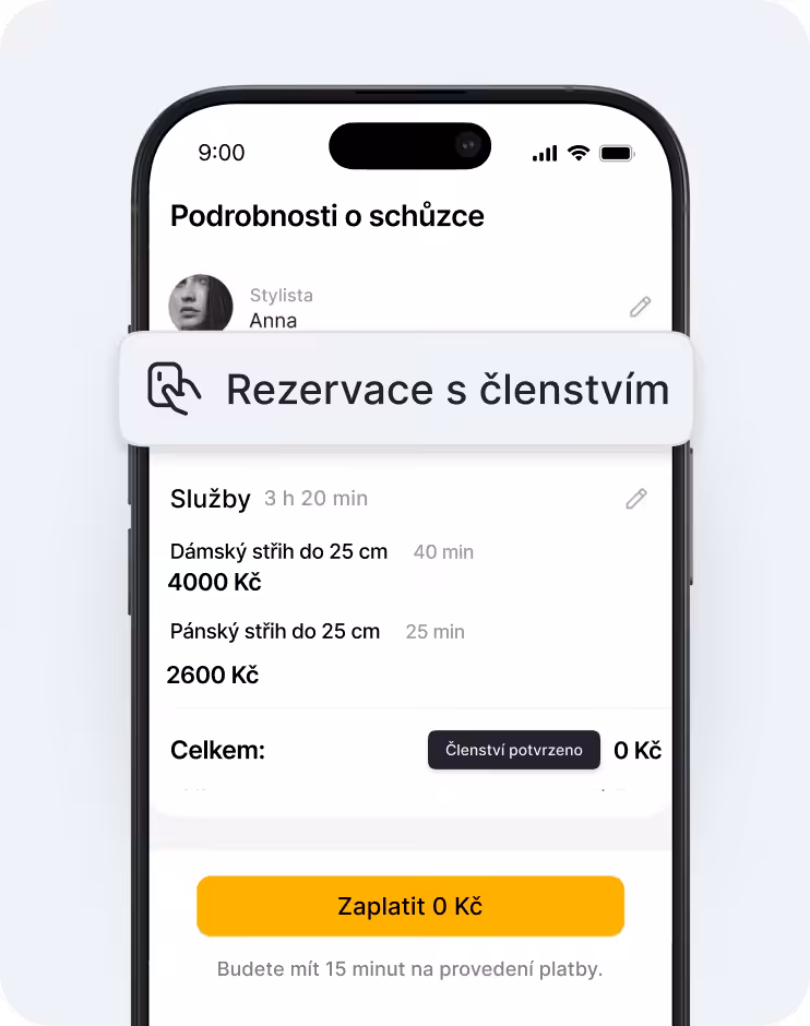mobilní obrazovka zobrazující podrobnosti o rezervaci s plovoucím bannerem „rezervace s členstvím“ nad seznamem služeb a tlačítkem „zaplatit 0 €“ | altegio | altegio