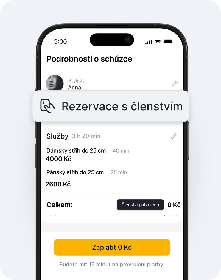 mobilní obrazovka zobrazující podrobnosti o rezervaci s plovoucím bannerem „rezervace s členstvím“ nad seznamem služeb a tlačítkem „zaplatit 0 €“ | altegio | altegio
