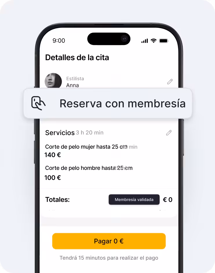 Pantalla de móvil en la que se muestran los detalles de una cita, con un banner flotante que dice «Reserva con suscripción» sobre una lista de servicios y un botón «Pagar 0 €» | altegio | altegio
