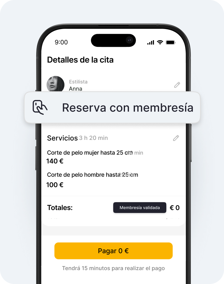 Pantalla de móvil en la que se muestran los detalles de una cita, con un banner flotante que dice «Reserva con suscripción» sobre una lista de servicios y un botón «Pagar 0 €» | altegio | altegio
