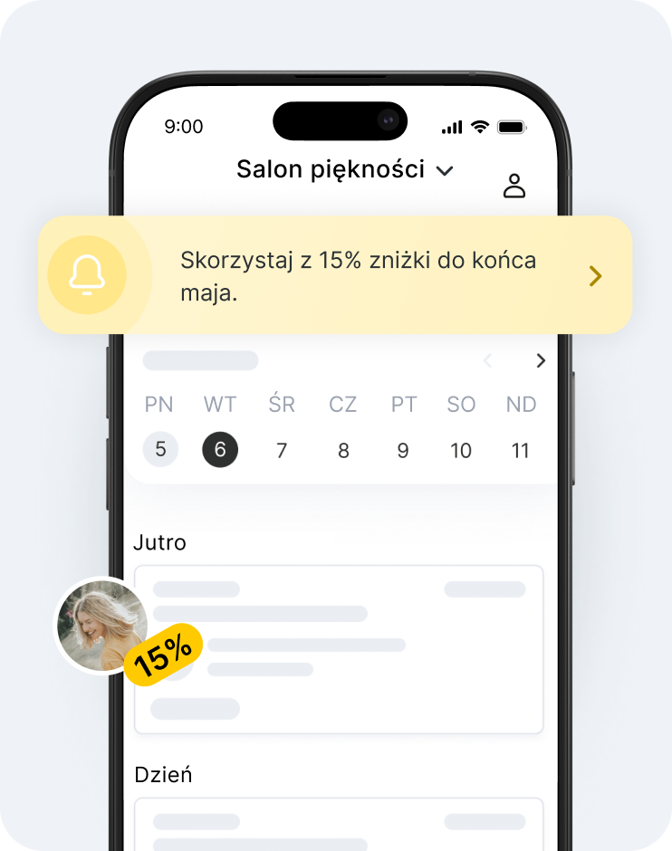 Ekran aplikacji mobilnej przedstawiający serwis Beautyspace z żółtym banerem promocyjnym, kalendarzem oraz awatarem użytkownika z powiadomieniem o zniżce oznaczonym plakietką „15” | altegio | altegio