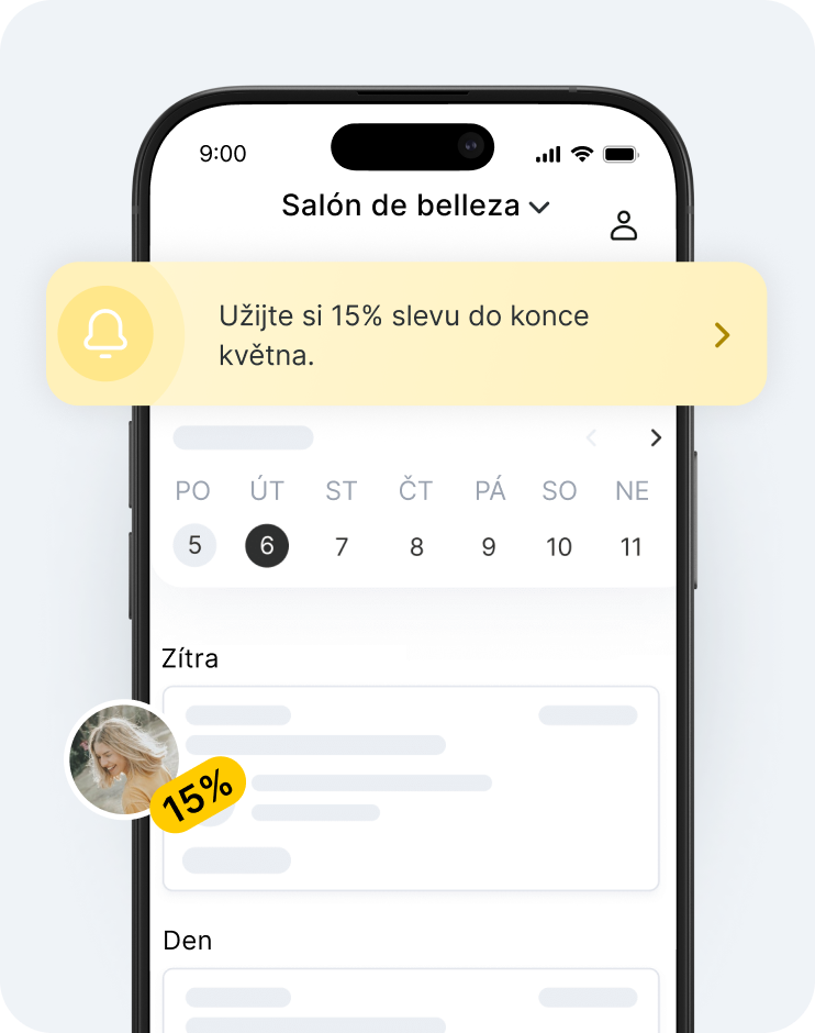 Obrazovka mobilní aplikace zobrazující Beautyspace se žlutým slevovým bannerem, kalendářem a avatarem uživatele s oznámením o slevě v podobě odznaku s číslem 15 | altegio | altegio
