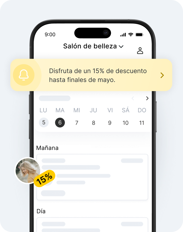 Pantalla de una aplicación móvil en la que se muestra «BeautySpace» con un banner amarillo de descuento, un calendario y el avatar de un usuario con una notificación de descuento que muestra un icono con el número 15 | altegio | altegio
