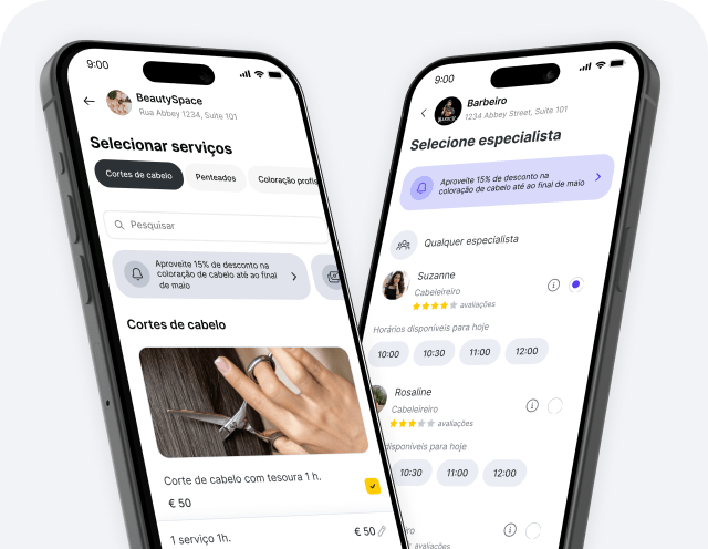 Dois celulares exibem um aplicativo de serviços de beleza: a tela da esquerda mostra 'Selecionar serviços', com opções de corte e penteado e uma imagem de cabelo; a tela da direita lista especialistas e horários disponíveis para agendamento.