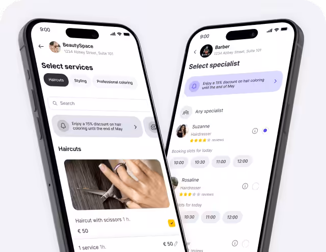Two phones display a beauty services app: left screen shows 'Select services' with haircuts and styling options and a hair image; right screen lists specialists and booking times.
