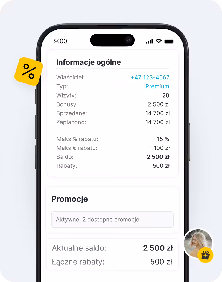 Ekran aplikacji mobilnej z kartą zawierającą ogólne informacje, na której widnieje saldo w wysokości 580 € oraz informacje o rabatach, a poniżej – panel promocji pod żółtą etykietą z rabatem po lewej stronie | altegio