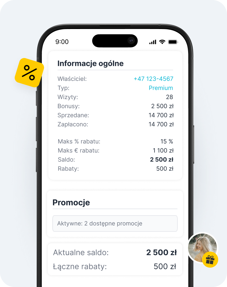 Ekran aplikacji mobilnej z kartą informacji ogólnych pokazującą saldo w wysokości 580 € oraz zniżki, a poniżej panel promocji z żółtą etykietą zniżkową po lewej stronie | altegio | altegio