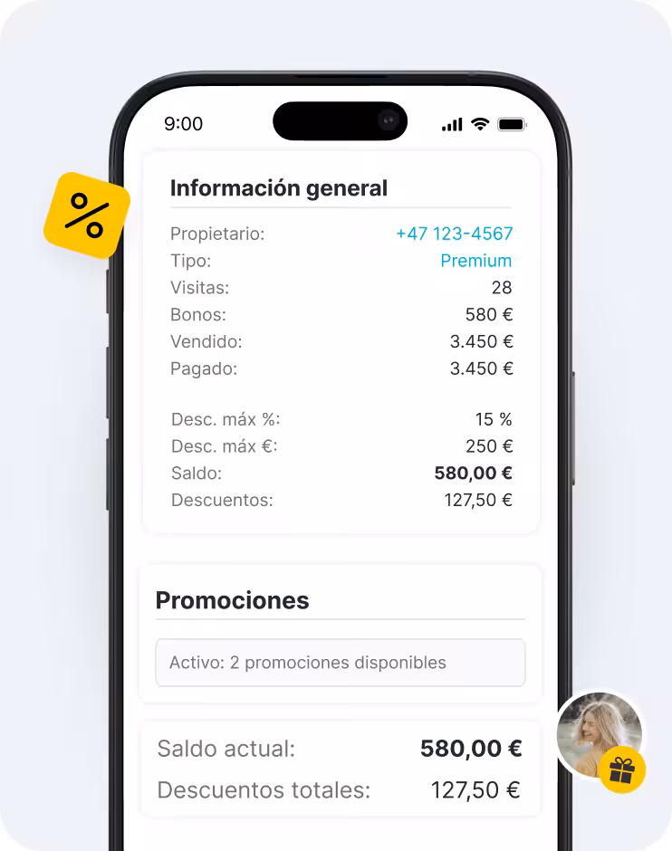 Pantalla de una aplicación móvil con una ficha de información general en la que se muestra un saldo de 580 € y descuentos, y un panel de promociones debajo de una etiqueta amarilla de descuento a la izquierda | altegio | altegio