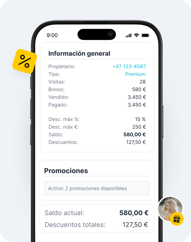 Pantalla de una aplicación móvil con una ficha de información general en la que se muestra un saldo de 580 € y descuentos, y un panel de promociones debajo de una etiqueta amarilla de descuento a la izquierda | altegio | altegio