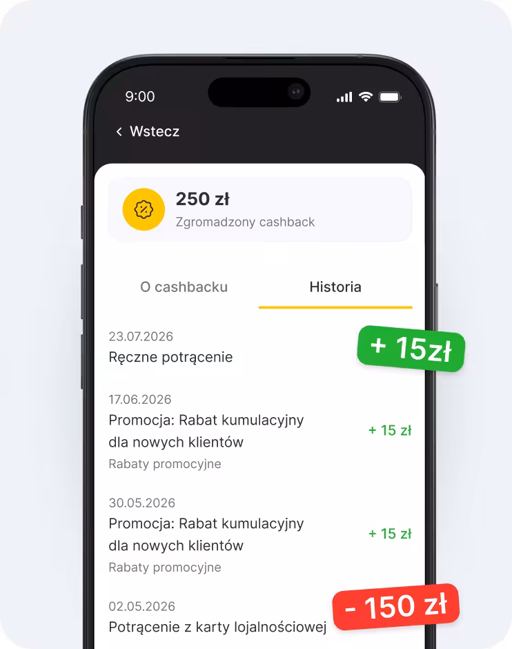 Ekran aplikacji mobilnej pokazujący saldo zwrotu gotówki w wysokości 30 euro, z wybraną zakładką „Historia” oraz listą pozycji, np. +5 euro, 45 euro | altegio