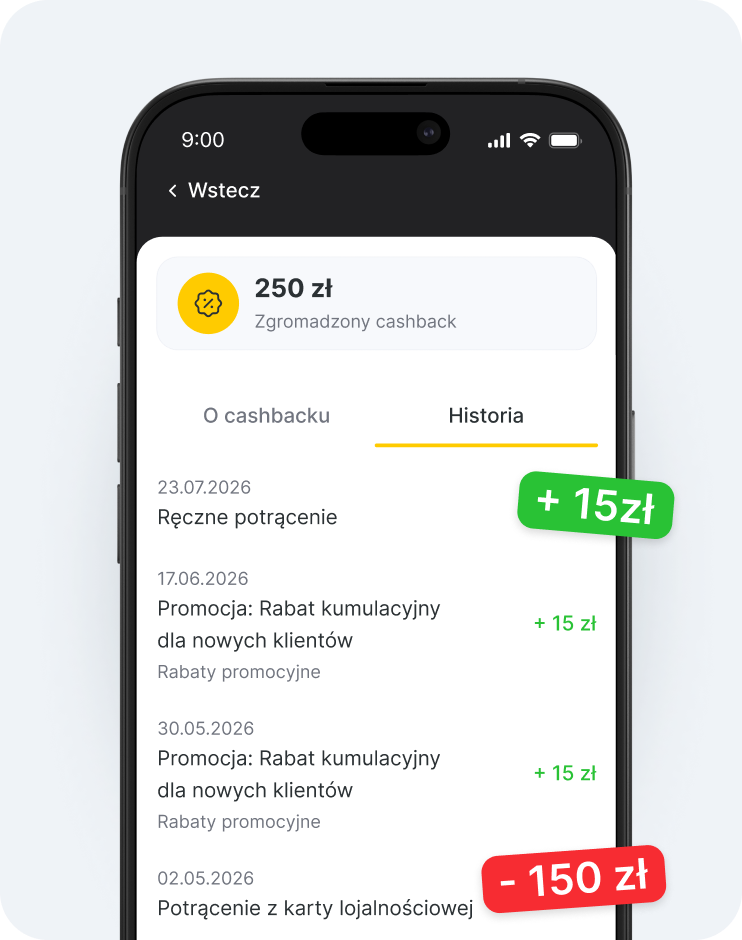 Ekran aplikacji mobilnej pokazujący saldo zwrotu gotówki w wysokości 30 euro, z wybraną zakładką „Historia” oraz listą pozycji, np. +5 euro, 45 euro | altegio | altegio