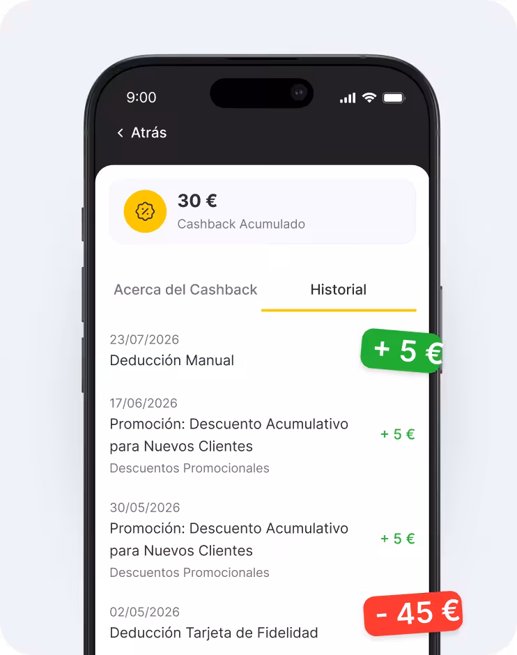Pantalla de una aplicación móvil en la que se muestra un saldo de reembolso de 30 € con la pestaña «Historial» seleccionada y una lista de entradas, por ejemplo: +5 €  45 € | altegio | altegio