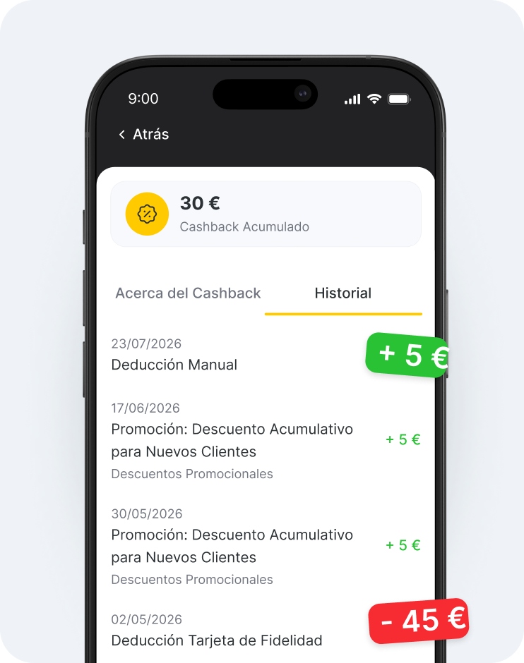 Pantalla de una aplicación móvil en la que se muestra un saldo de reembolso de 30 € con la pestaña «Historial» seleccionada y una lista de entradas, por ejemplo: +5 €  45 € | altegio | altegio