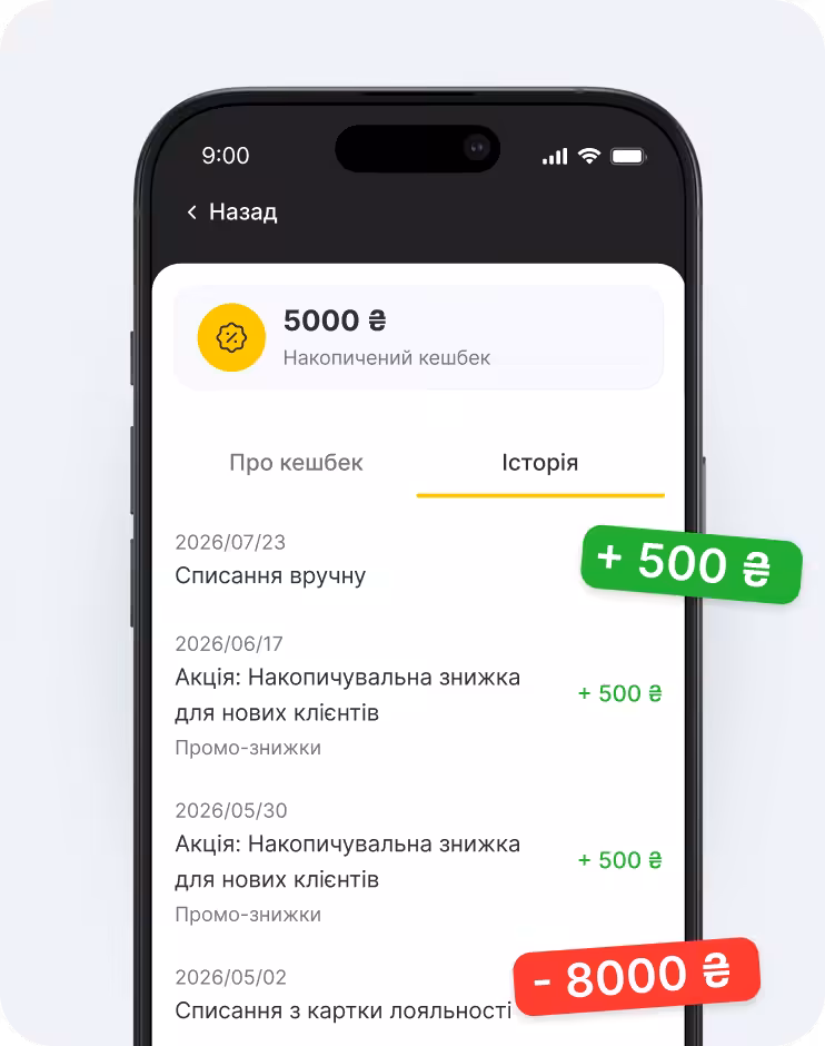 Екран мобільного додатка, на якому відображається баланс кешбеку в розмірі 30 євро, з відкритою вкладкою «Історія» та переліком записів, наприклад: +5 євро, 45 євро | altegio