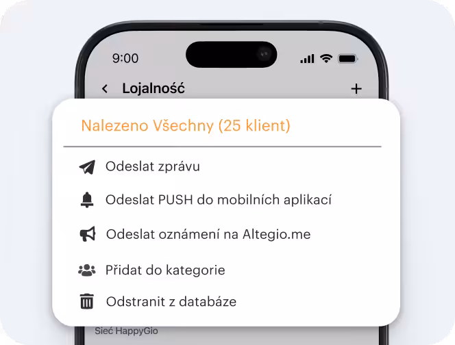 ekran przedstawiający mobilne okno modalne zatytułowane „Wybrano 25 klientów” z opcjami działania: wyślij wiadomość, wyślij powiadomienie push do aplikacji, wyślij powiadomienie push do Altegio, dodaj do kategorii, usuń z bazy danych | Altegio