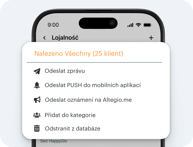 ekran przedstawiający mobilne okno modalne zatytułowane „wybrano 25 klientów” z opcjami działania: wyślij wiadomość, wyślij powiadomienie push do aplikacji, wyślij powiadomienie push do Altegio, dodaj do kategorii, usuń z bazy danych | Altegio | Altegio