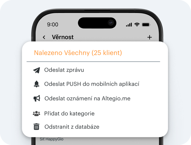 obrazovka zobrazující mobilní modální okno s názvem „vybraných 25 klientů“ a možnostmi akce: odeslat zprávu, odeslat push notifikaci do aplikace, odeslat push notifikaci do Altegio, přidat do kategorie, odstranit z databáze | Altegio | Altegio