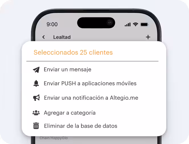 pantalla que muestra un modal móvil titulado «25 clientes seleccionados» con las siguientes opciones de acción: enviar un mensaje, enviar una notificación push a la aplicación, enviar una notificación push a Altegio, añadir a la categoría, eliminar de la base de datos | Altegio | Altegio