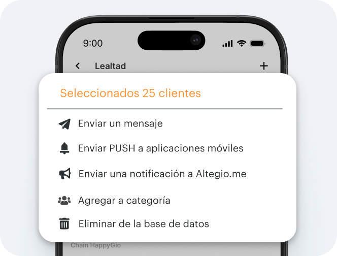 pantalla que muestra un modal móvil titulado «25 clientes seleccionados» con las siguientes opciones de acción: enviar un mensaje, enviar una notificación push a la aplicación, enviar una notificación push a Altegio, añadir a la categoría, eliminar de la base de datos | Altegio | Altegio