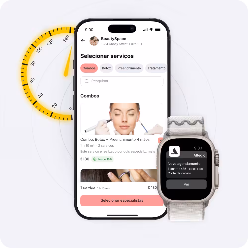 Tela de um aplicativo móvel do BeautySpace exibindo 'Selecionar serviços', abas de categorias, uma barra de pesquisa e um botão 'Selecionar especialistas'; um smartwatch exibe um novo agendamento.