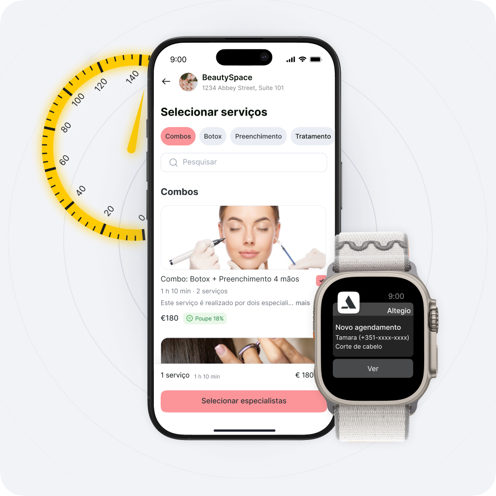 Tela de um aplicativo móvel do BeautySpace exibindo 'Selecionar serviços', abas de categorias, uma barra de pesquisa e um botão 'Selecionar especialistas'; um smartwatch exibe um novo agendamento.