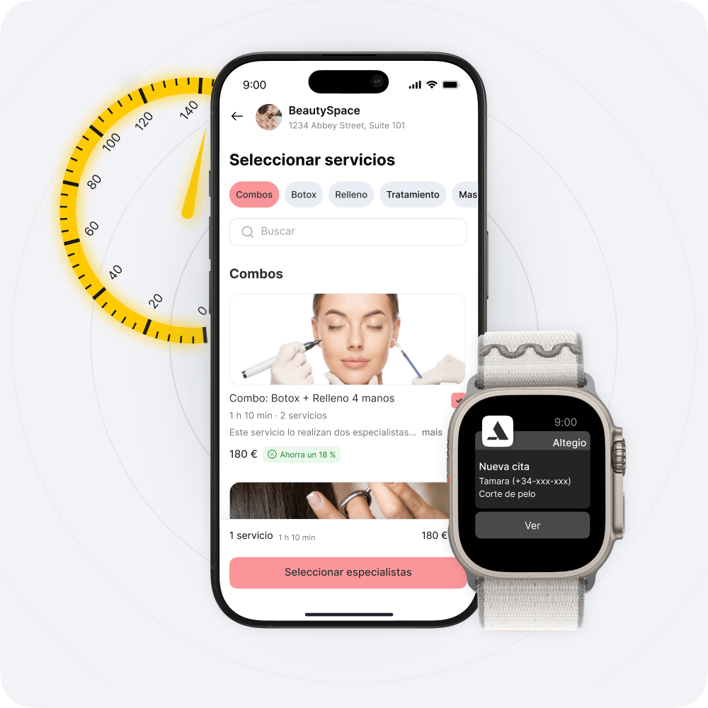 Pantalla de una aplicación móvil de BeautySpace en la que se muestran 'Seleccionar servicios', pestañas de categorías, una barra de búsqueda y un botón 'Seleccionar especialistas'; un reloj inteligente muestra una nueva cita.