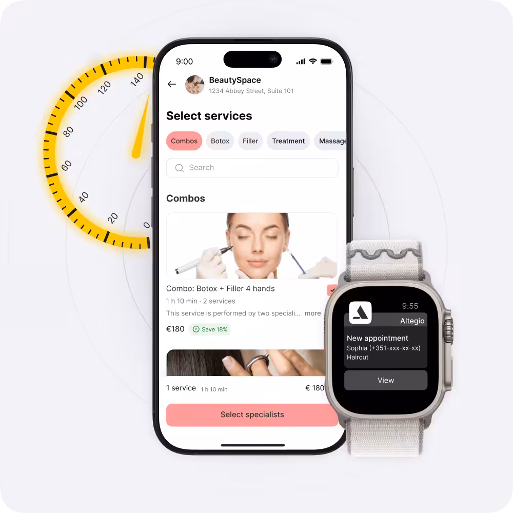 Screen of a mobile app for BeautySpace showing 'Select services', category tabs, a search bar, and a 'Select specialists' button; a smartwatch shows a new appointment.