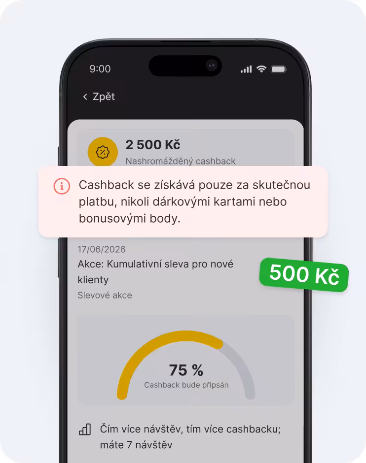 obrazovka mobilní aplikace zobrazující přehled cashbacku s informačním bannerem o skutečné způsobilosti k výplatě, odznakem +5 € a obloukem znázorňujícím 75 % pokroku | altegio | altegio