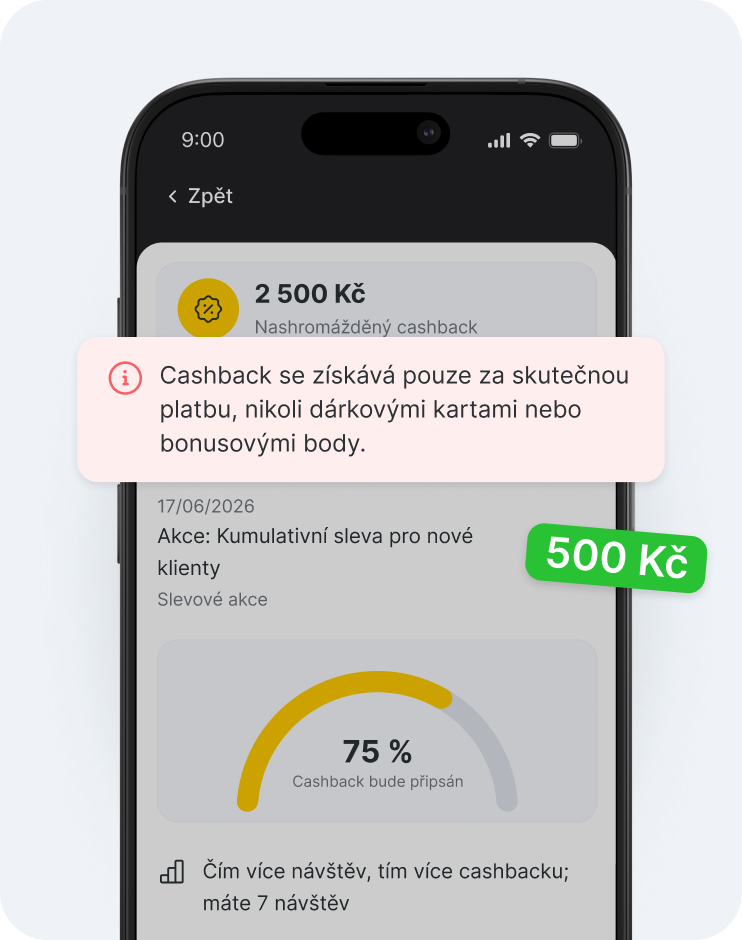 obrazovka mobilní aplikace zobrazující přehled cashbacku s informačním bannerem o skutečné způsobilosti k výplatě, odznakem +5 € a obloukem znázorňujícím 75 % pokroku | altegio | altegio