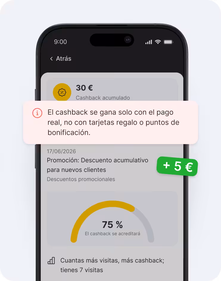 Pantalla de una aplicación móvil que muestra un panel de control de reembolsos con un banner informativo sobre los requisitos reales para recibir el pago, una insignia de +5 € y un arco de progreso del 75 % | altegio | altegio