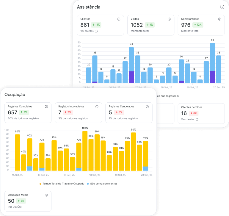 Painel de análise: Presença com blocos de KPIs (861 clientes, 1.052 visitas, 976 agendamentos) e um gráfico de barras; Ocupação com contagem de registros e ocupação média de 50.
