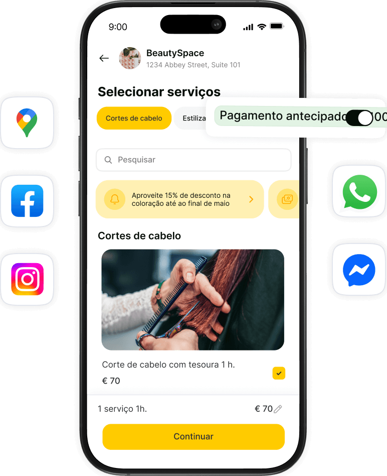 Tela de agendamento do aplicativo móvel do BeautySpace: 'Selecionar serviços' com a opção “Cortes de cabelo” selecionada, barra de pesquisa, banner promocional, cartão do serviço de corte de cabelo exibindo €70 e um botão amarelo “Continuar” na parte inferior.