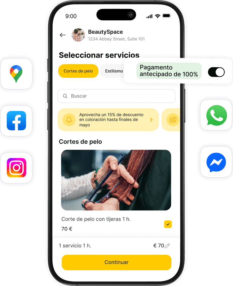 Pantalla de reserva de la aplicación móvil de BeautySpace: 'Seleccionar servicios' con la opción «Cortes de pelo» seleccionada, barra de búsqueda, banner promocional, ficha de «Cortes de pelo» en la que se indica 70 € y un botón amarillo «Continuar» en la parte inferior.