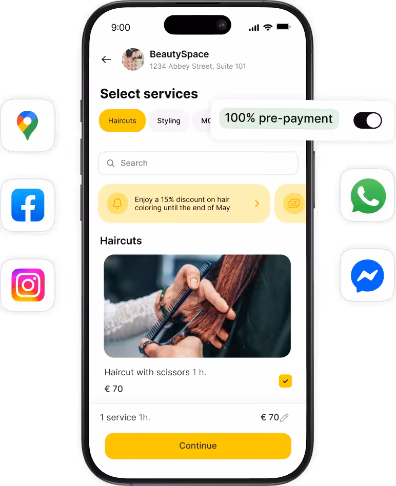Mobile app booking screen for BeautySpace: 'Select services' with Haircuts selected, search bar, promo banner, hair-cut card showing €70 and a yellow Continue button at bottom.